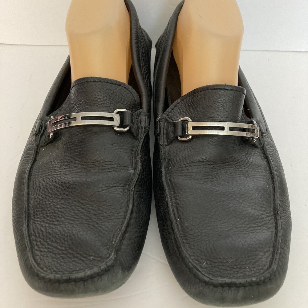 Prada Black Pebbled Leather Metal Horse Bit Buckle Driving Loafers Shoes Mens 11 - Picture 5 of 14